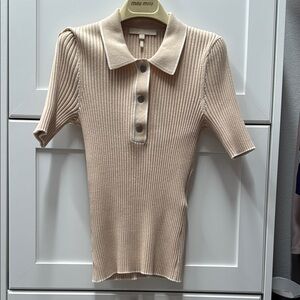 Maje Cream Ribbed Button Down Polo Shirt